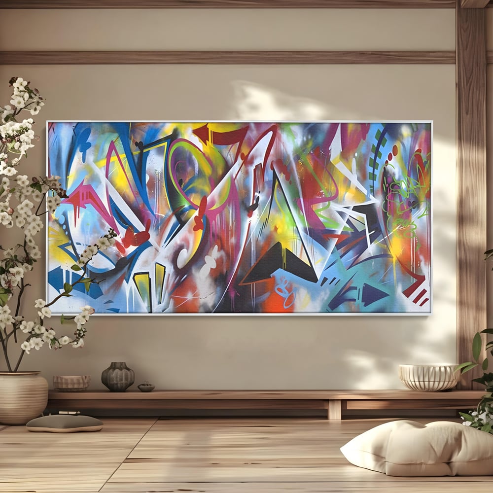 Tablou canvas cu tablou canvas cu arta graffiti colorata, in rama de aluminiu argintiu